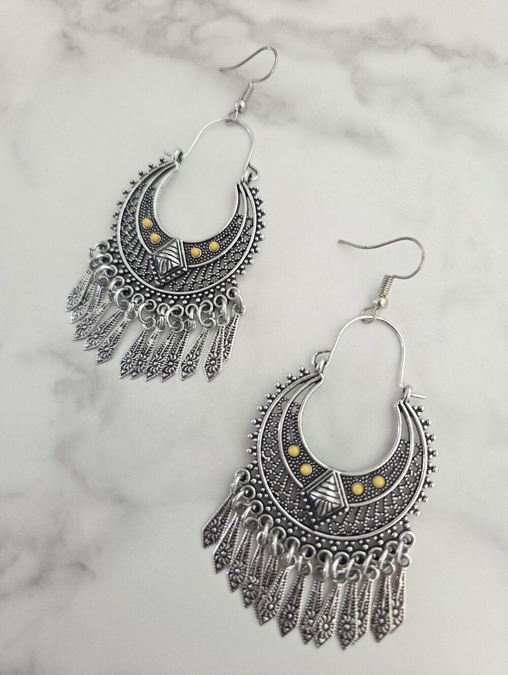 ​Paparazzi Silver Boho Crescent Fringe Statement Earrings Yellow Accents - Picture 6 of 11